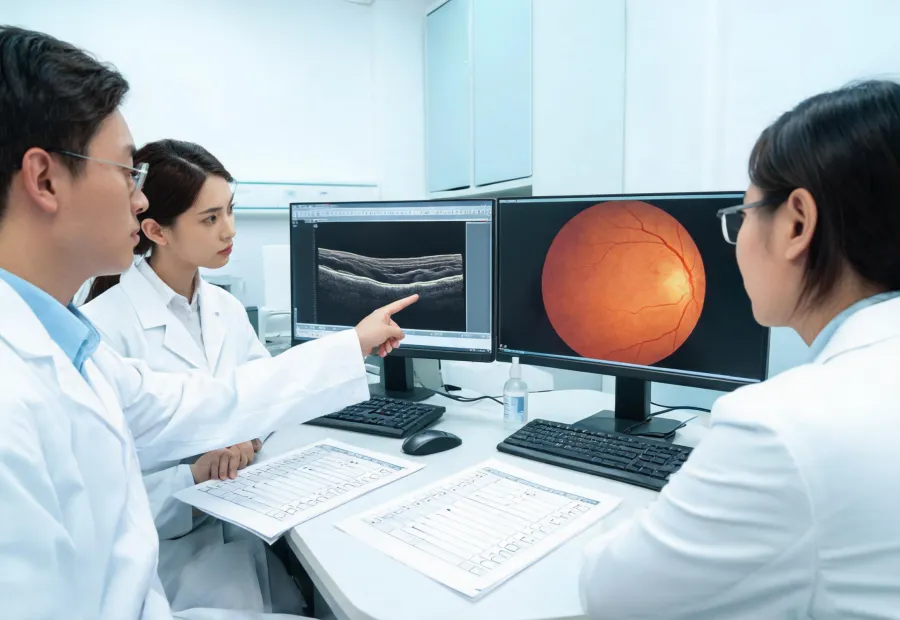 Ophthalmic team reviewing imaging validation records